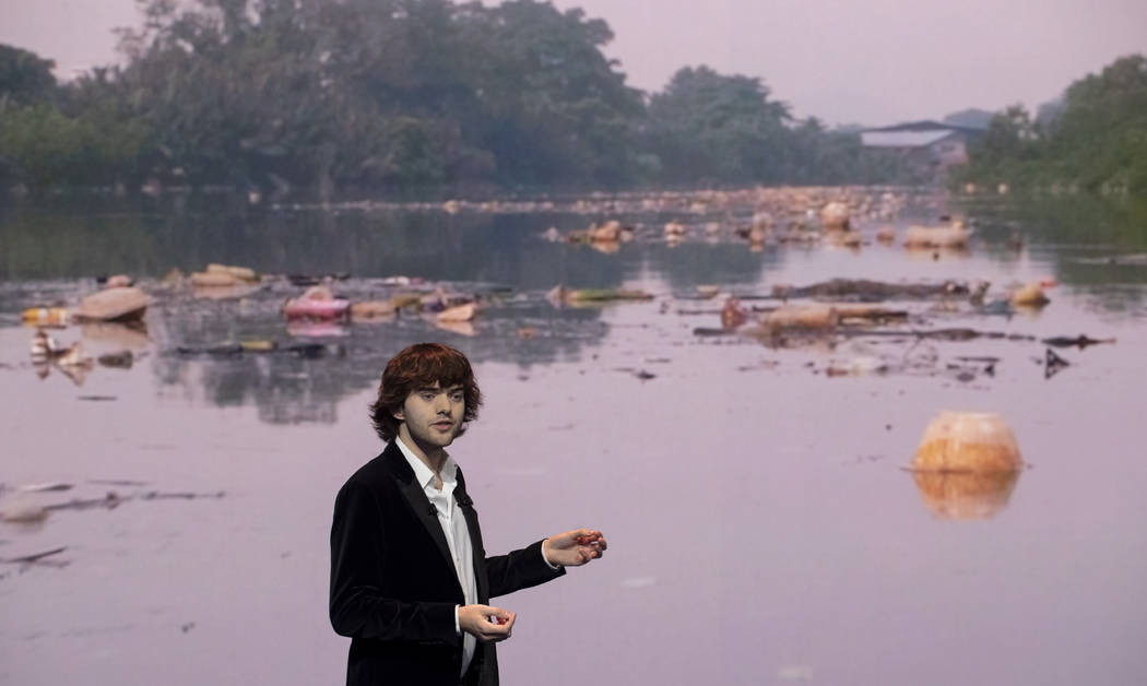 Young Dutch inventor Boyan Slat presents his plans for the Interceptor, a plastic-gathering flo ...
