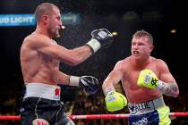 Sergey Kovalev, left, and Canelo Alvarez exchange punches during a light heavyweight WBO title ...