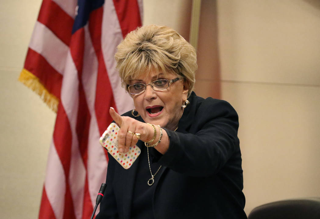 Las Vegas Mayor Carolyn Goodman points toward protesters during the council meeting where the c ...