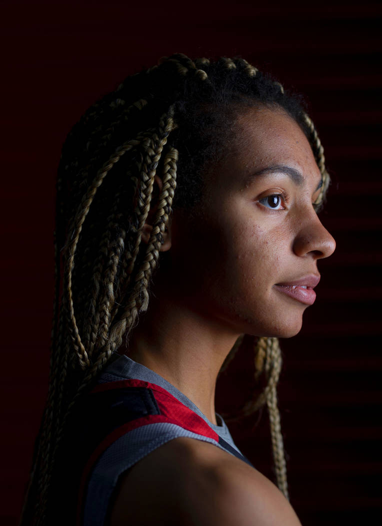 Guard Bailey Thomas (14) poses for a portrait during UNLV women's basketball media day at Thoma ...