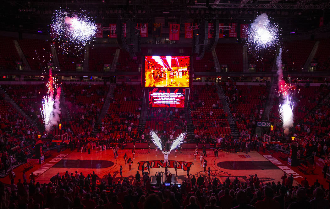 Hey Reb shoots off some pyrotechnics as the UNLV Rebels are set to take on Purdue Fort Wayne du ...