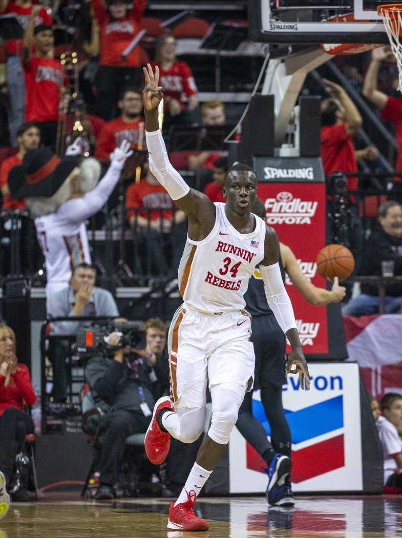 UNLV Rebels forward Cheikh Mbacke Diong (34) celebrates a dunk over Purdue Fort Wayne during th ...