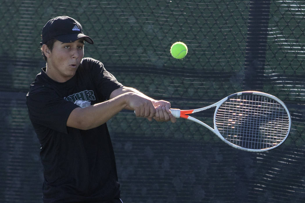 Palo Verde's Ryan Jensen eyes the ball during a doubles match against Coronado on Wednesday, No ...