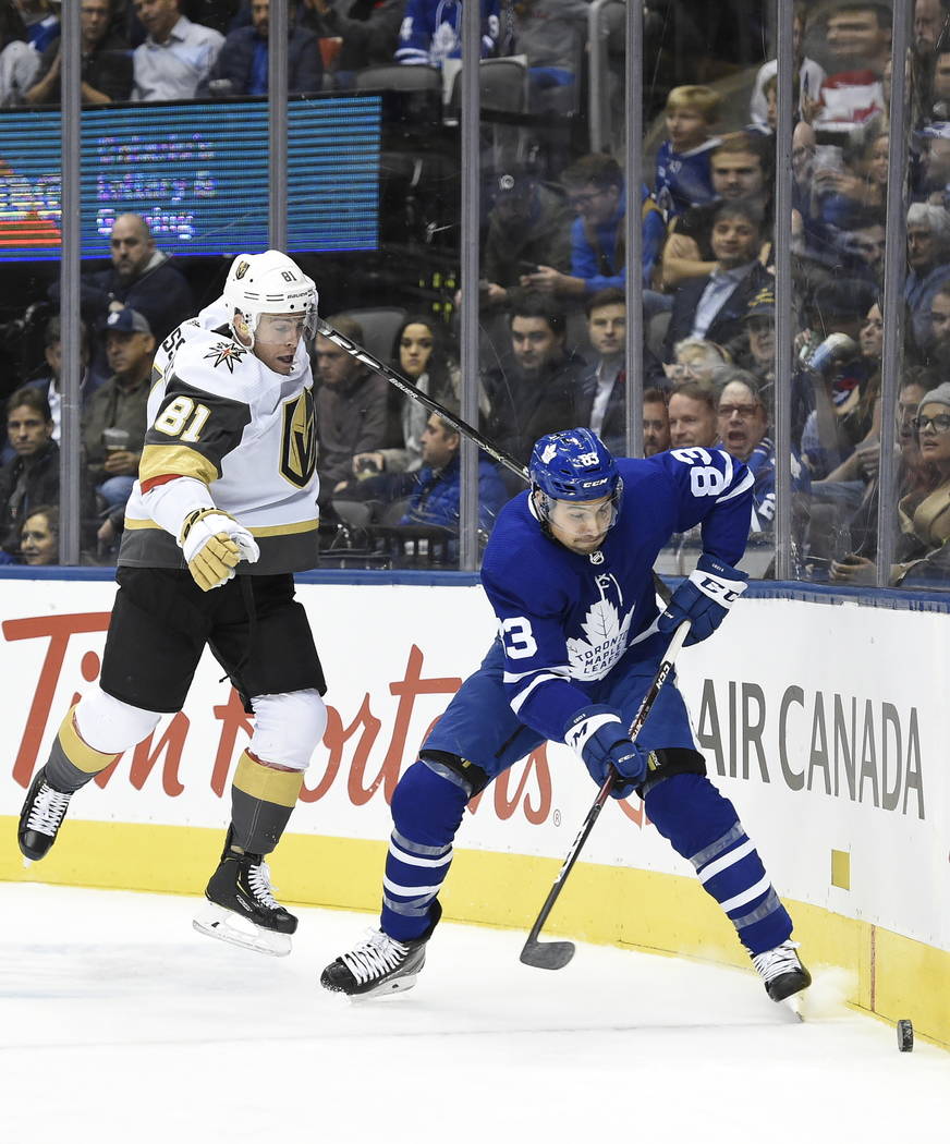 Vegas Golden Knights center Jonathan Marchessault (81) jumps as he puts pressure on Toronto Map ...