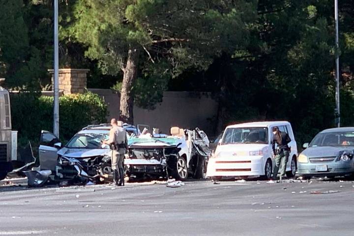 One person was killed in a seven-vehicle crash involving a bus near Tropicana Avenue and Rainbo ...