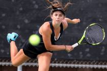 Clark junior Audrey Boch-Collins serves during a dual match at Green Valley High School Wednesd ...