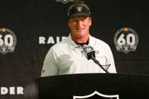 In a Nov. 3, 2019, file photo, Oakland Raiders head coach Jon Gruden speaks at a news conferenc ...