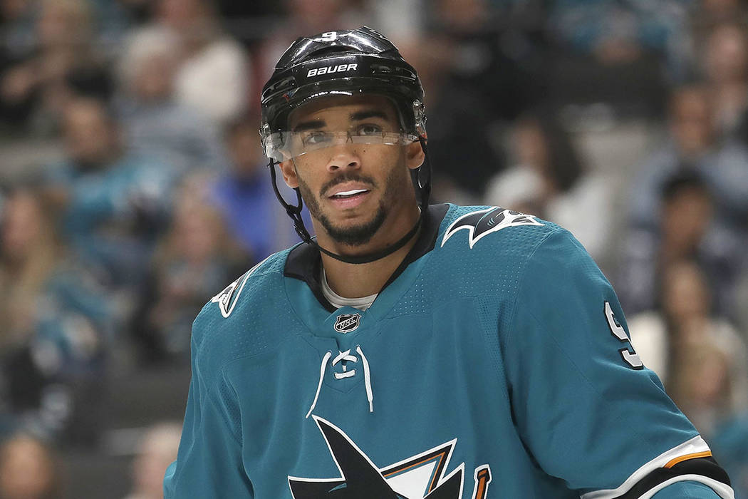 In this Oct. 13, 2019, file photo, San Jose Sharks left wing Evander Kane against the Calgary F ...