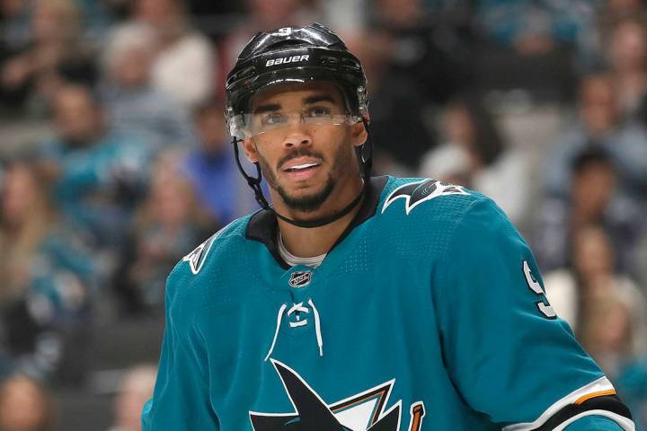 In this Oct. 13, 2019, file photo, San Jose Sharks left wing Evander Kane against the Calgary F ...