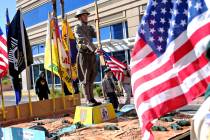 The Boy Scout float during the Veterans Day Parade in Las Vegas, Sunday, Nov. 11, 2018. The Tro ...
