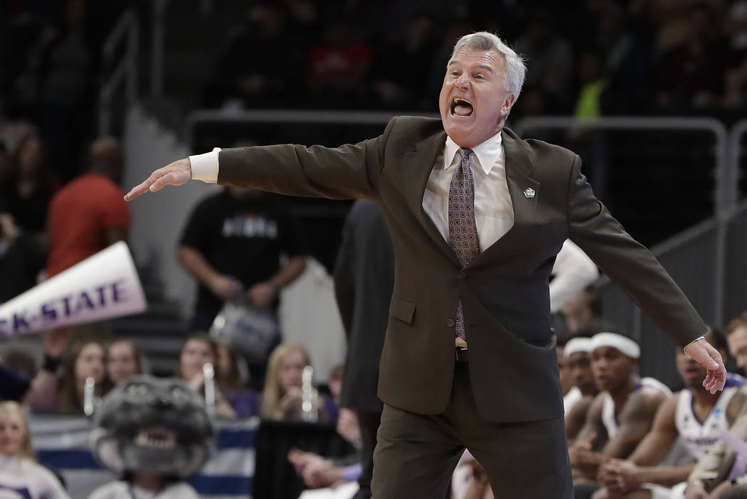 Kansas State head coach Bruce Weber gestures during the first half of a first round men's colle ...