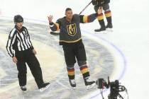 Golden Knights' Ryan Reaves motions to the crowd after fighting Ottawa Senators' Scott Sabourin ...