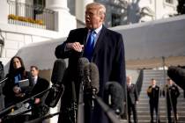 President Donald Trump speaks to reporters on the South Lawn of the White House in Washington, ...