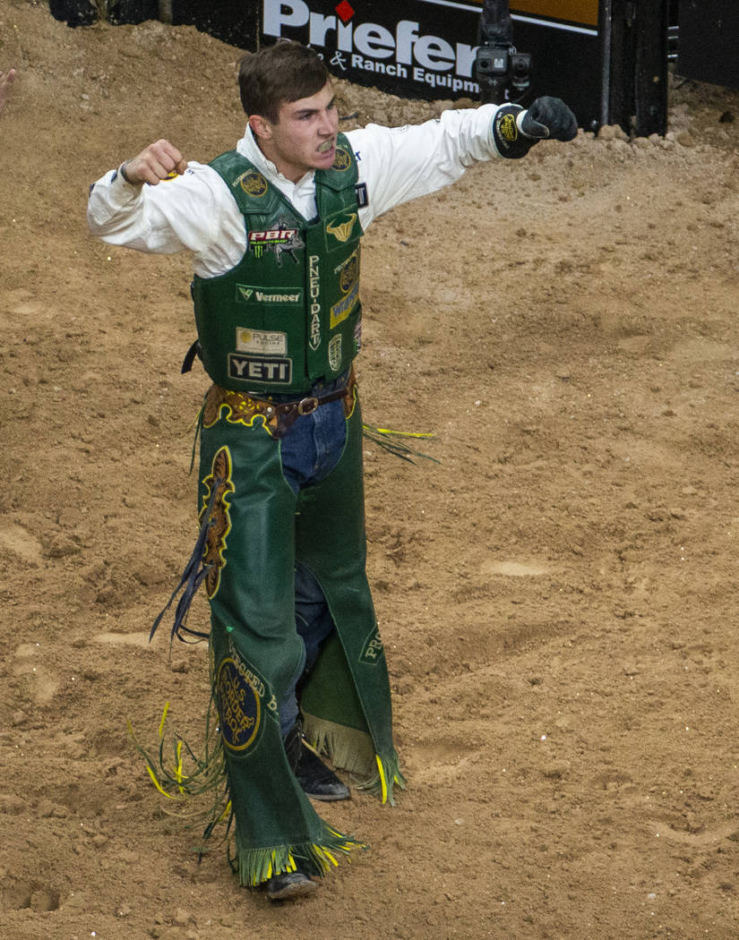 Jess Lockwood is pumped up after a winning ride atop of Biker Bob during the third day of the P ...