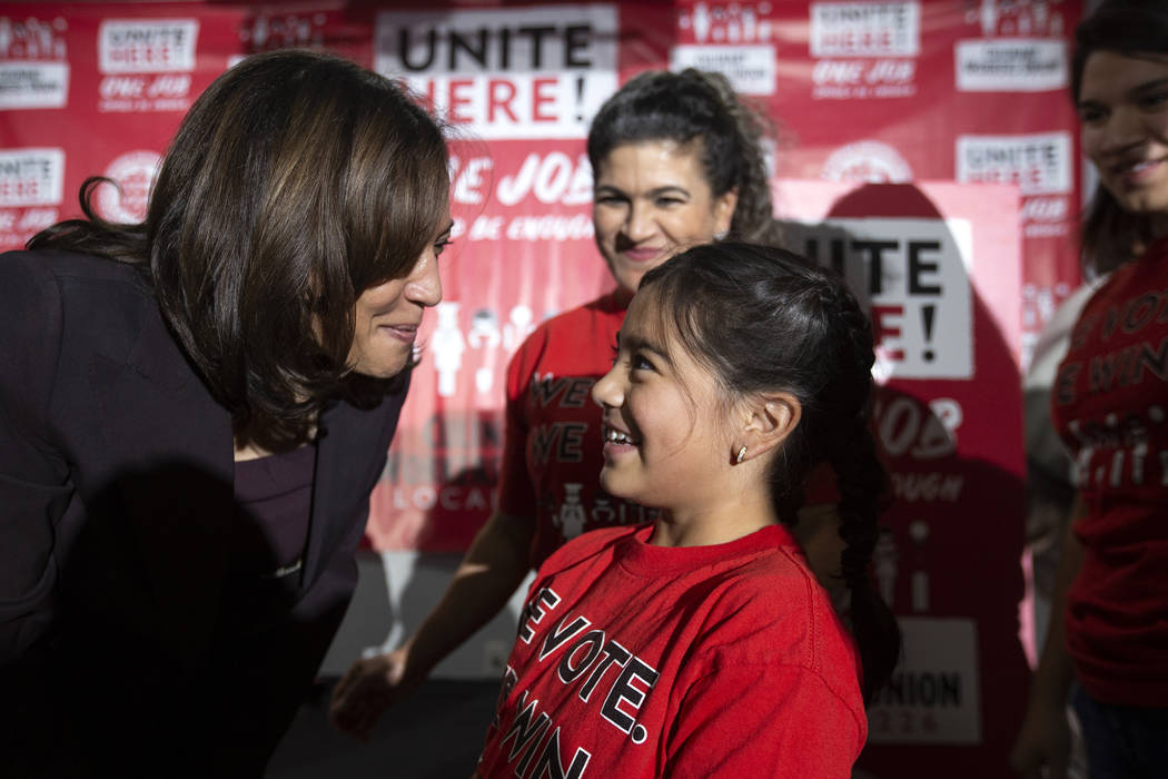 Kimberly Arizmendi, 8, meets presidential candidate Kamala Harris after a town hall hosted by U ...