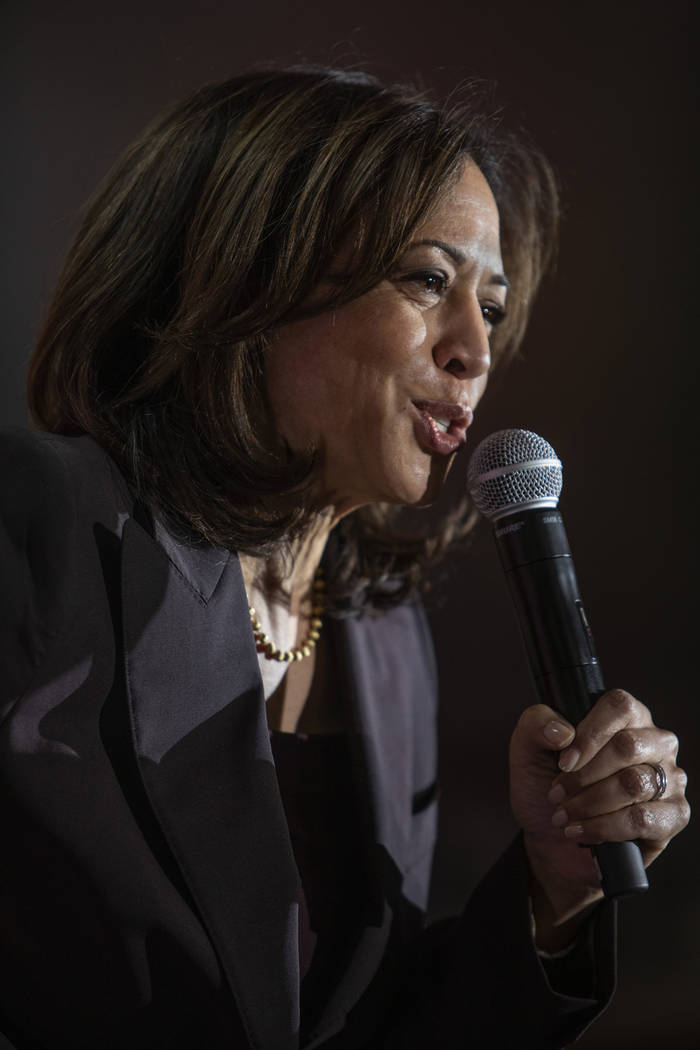 California Sen. and presidential candidate Kamala Harris speaks to the crowd at town hall hoste ...