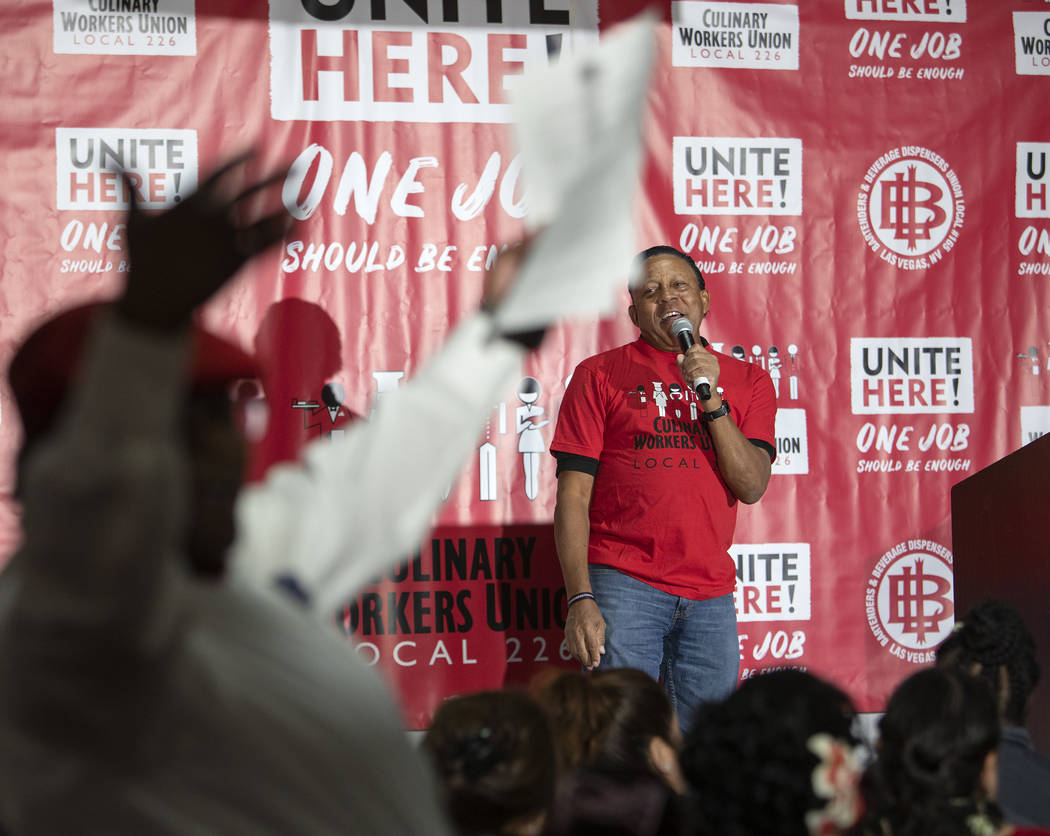 The crowd roars as Las Vegas Culinary Union Vice President Leain Vashon leads chants at a town ...
