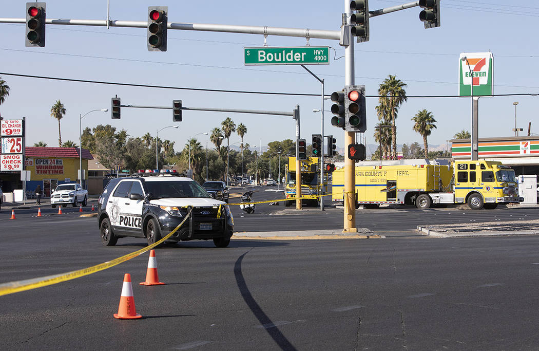 Police block off the scene of a suspected DUI crash on Saturday, Nov. 9, 2019, on East Flamingo ...