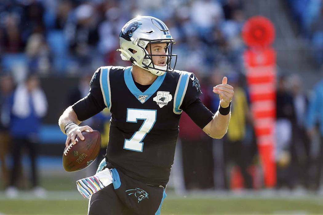 Carolina Panthers quarterback Kyle Allen (7) looks to pass against the Tennessee Titans during ...