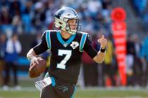 Carolina Panthers quarterback Kyle Allen (7) looks to pass against the Tennessee Titans during ...