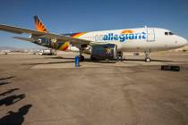 Allegiant unveils a new Golden Knights-themed plane at McCarran on Tuesday, Sept. 10, 2019, in ...