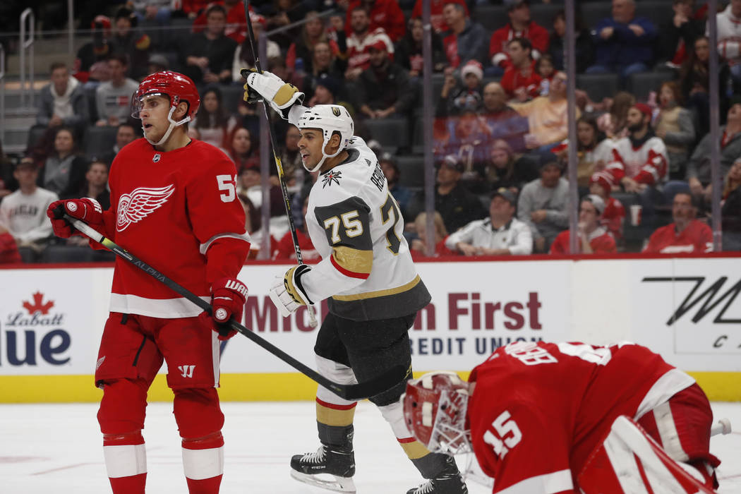 Vegas Golden Knights right wing Ryan Reaves (75) reacts after a goal by teammate left wing Max ...