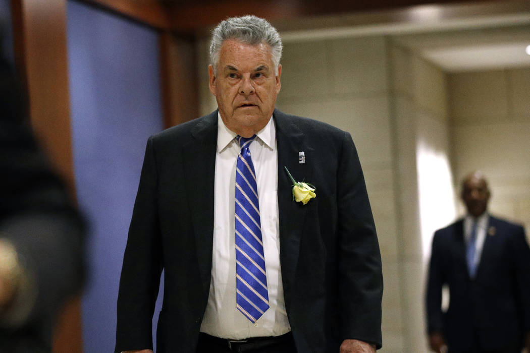 In a May 21, 2019, file photo, Rep. Peter King, R-N.Y., arrives for a classified members-only b ...