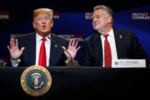 In a May 23, 2018, file photo, Rep. Peter King, R-N.Y., right, listens as President Donald Trum ...