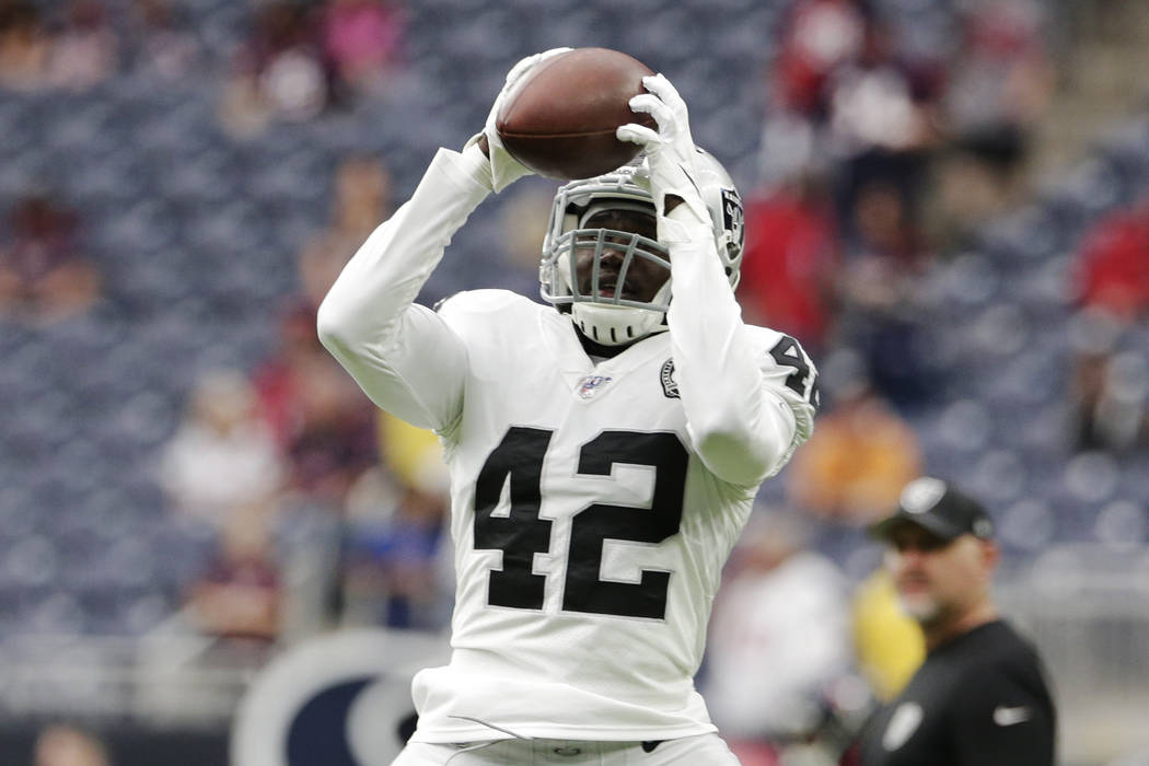Oakland Raiders free safety Karl Joseph (42) before an NFL football game against the Houston Te ...