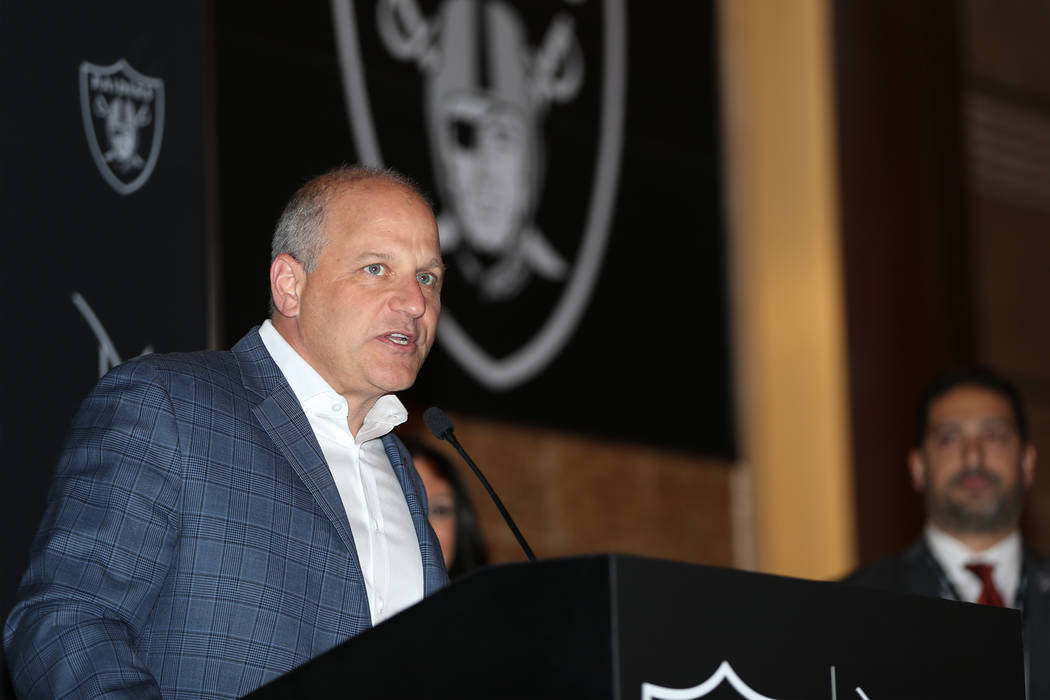 Raiders President Marc Badain speaks during a press conference announcing a partnership with th ...