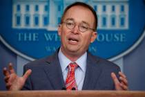 FILE - In this Oct. 17, 2019 file photo, acting White House chief of staff Mick Mulvaney speaks ...