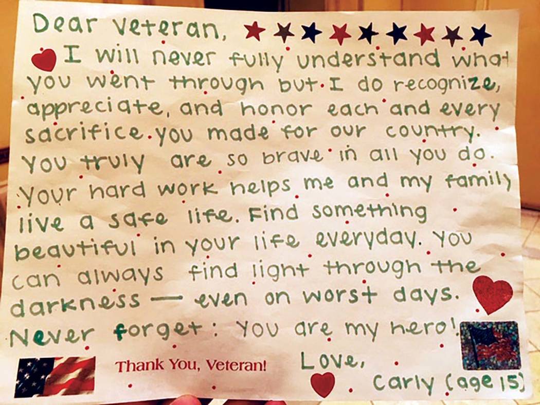 Gov. Steve Sisolak read this letter from a teenager during a “Salute Our Troops” ...