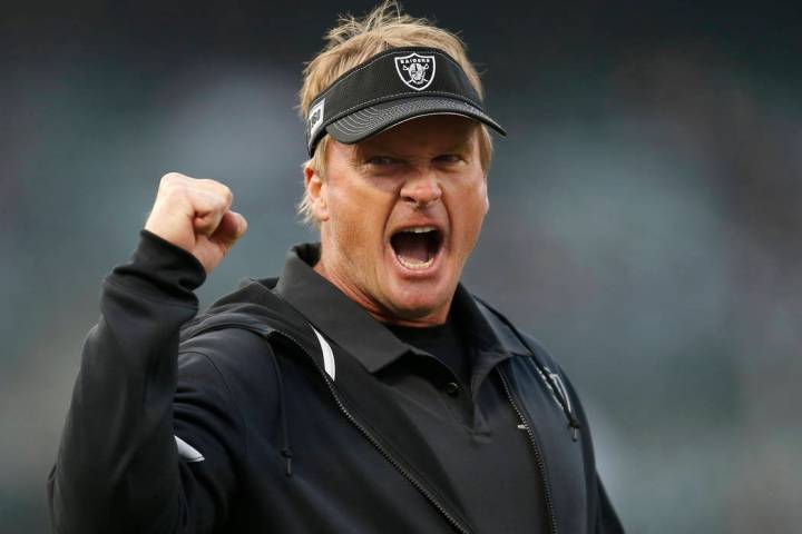 Oakland Raiders coach Jon Gruden gestures before the team's NFL football game against the Los A ...