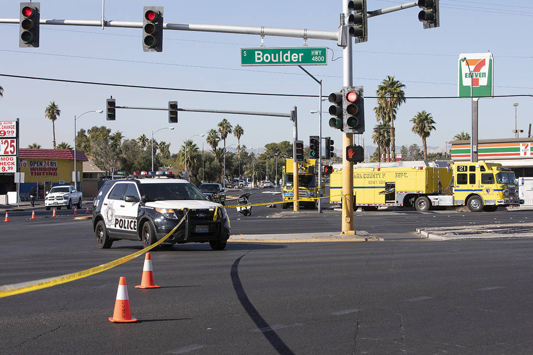 Police block off the scene of a suspected DUI crash on Saturday, Nov. 9, 2019, on East Flamingo ...
