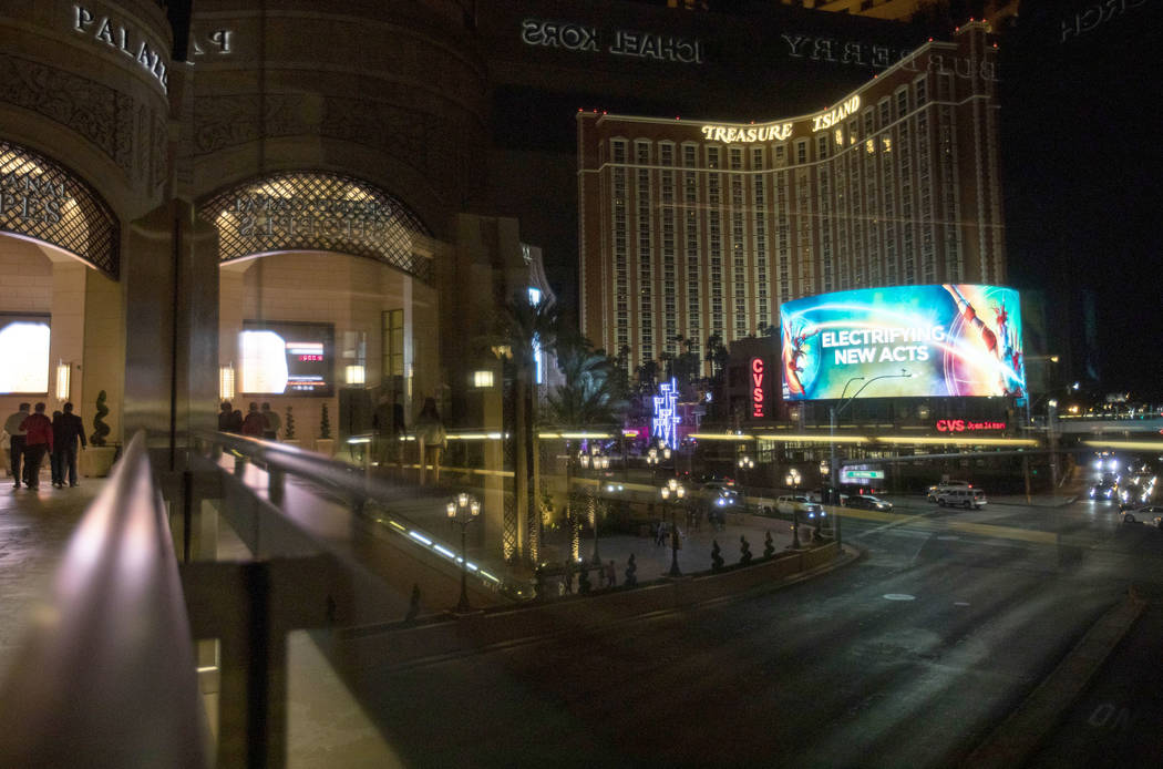 A new LED sign is outside Treasure Island on Tuesday, Nov. 12, 2019, in Las Vegas. (Ellen Schmi ...