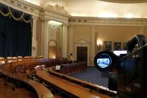 A television camera shows the hearing room where the House will begin public impeachment inquir ...