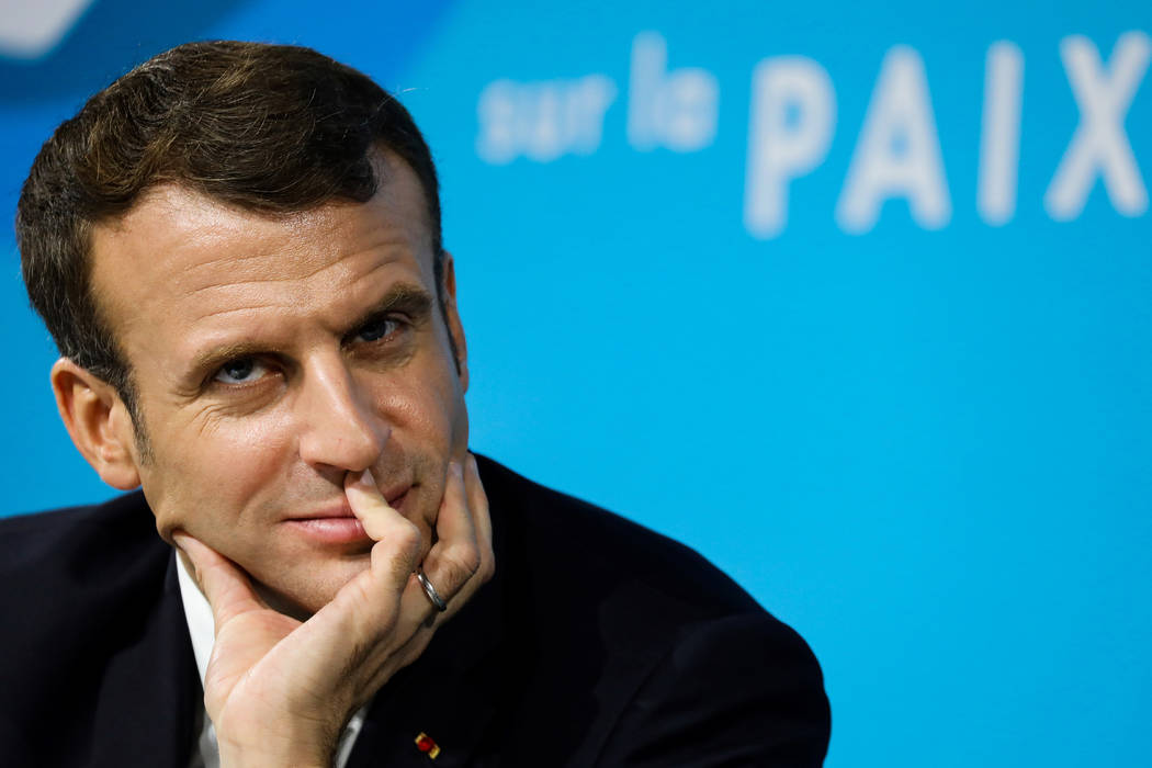 French President Emmanuel Macron attends the Paris Peace Forum, Tuesday, Nov. 12, 2019 in Paris ...