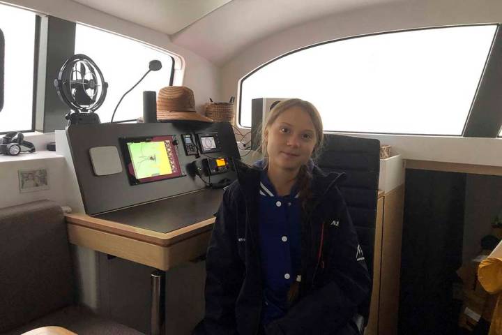 Greta Thunberg, a 16-year-old climate activist from Sweden, sits on a catamaran docked in Hampt ...