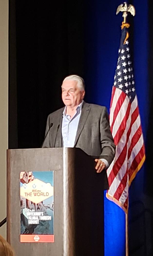 Gov. Steve Sisolak addresses the Governor's Global Tourism Summit at the Plaza in downtown Las ...