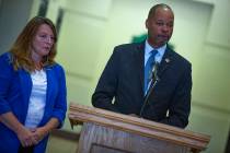 Nevada Attorney General Aaron Ford, right, speaks with Clark County Commissioner Marilyn Kirkpa ...