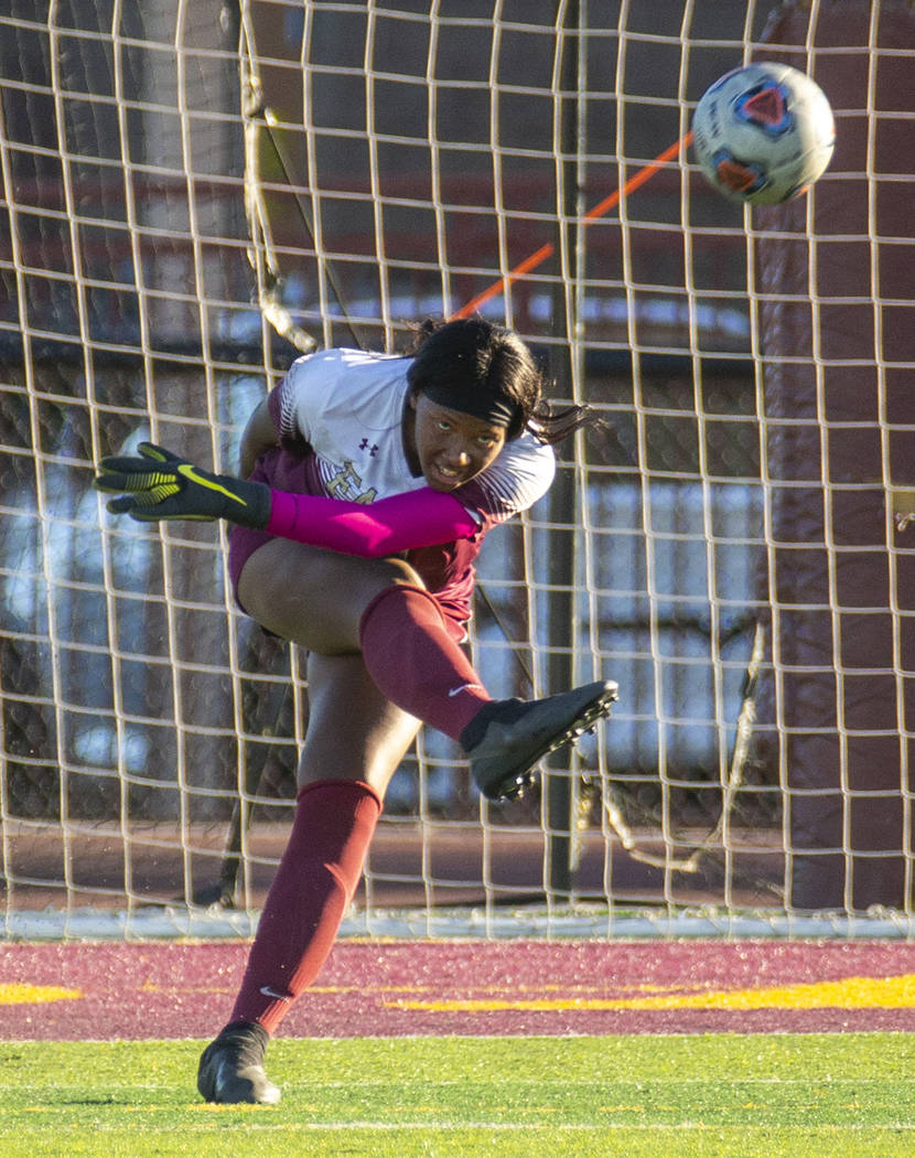 Faith Lutheran's goal keeper Jordan Brown (47) kicks the ball to teammates versus Arbor View du ...