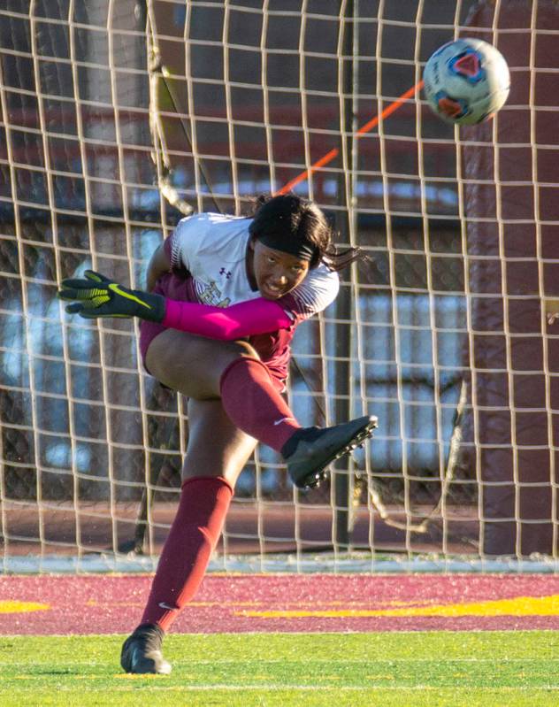 Faith Lutheran's goal keeper Jordan Brown (47) kicks the ball to teammates versus Arbor View du ...