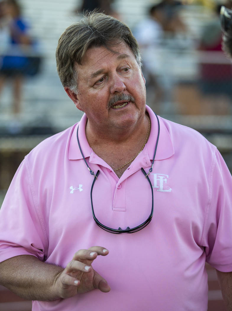 Faith Lutheran's head coach Bob Chinn on the sideline versus Arbor View during the second half ...