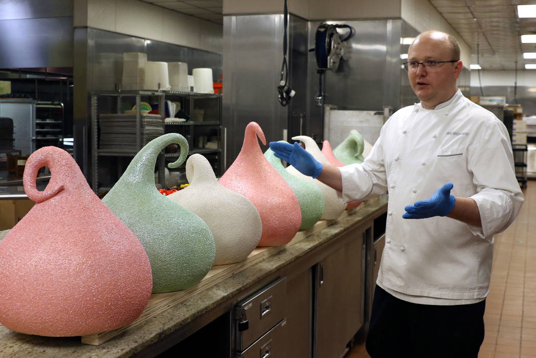 Jake Broadbent, assistant executive pastry chef at ARIA resort-casino, speaks about a giant sty ...
