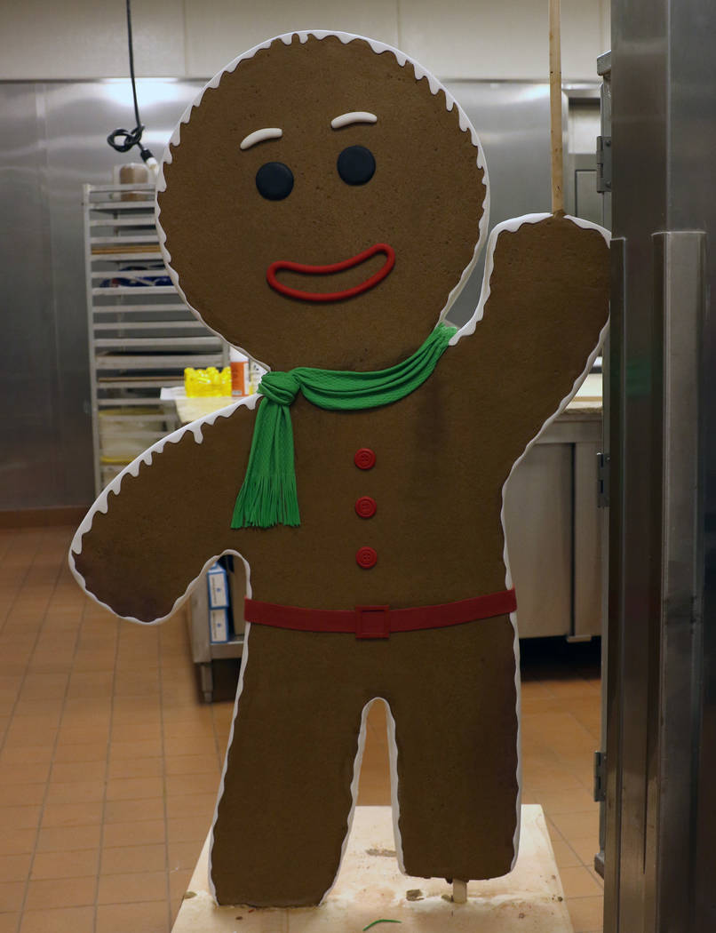 A human-sized gingerbread man is displayed at ARIA resort-casino on Thursday, Nov. 7, 2019, in ...