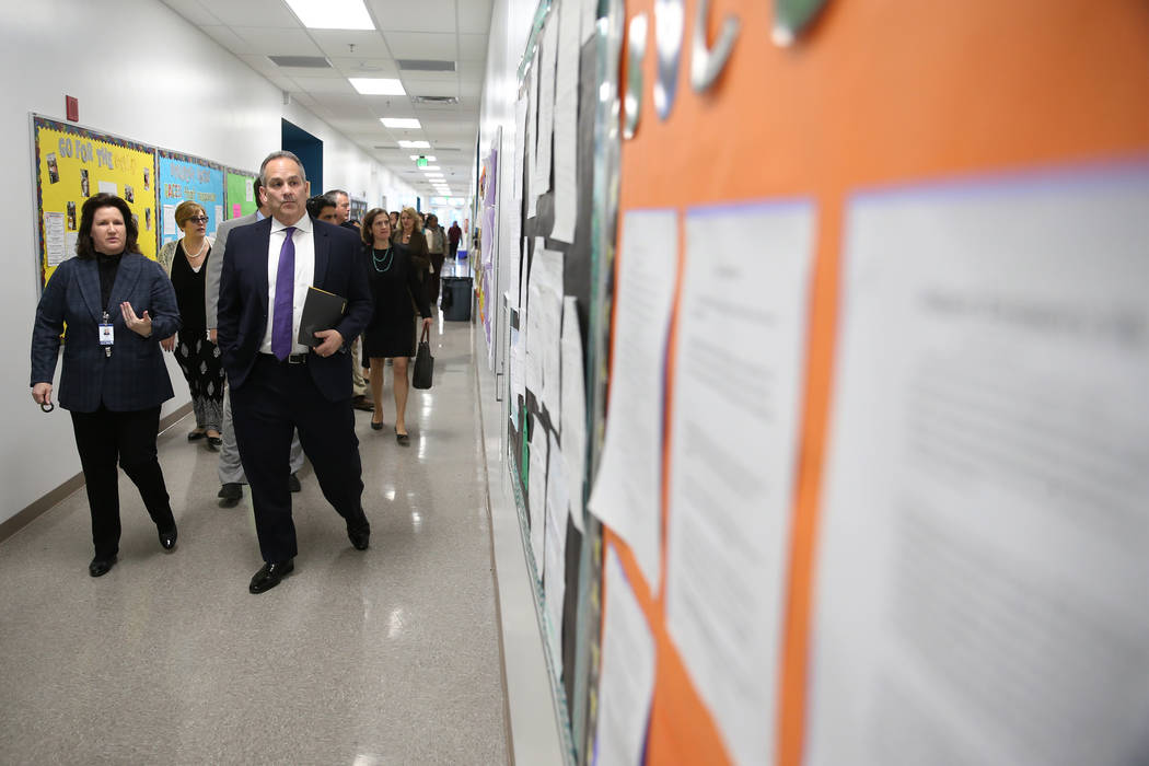 Clark County School District Superintendent Jesus Jara, right, with Principal Karen Kip of Cres ...