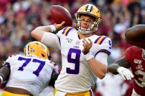 LSU quarterback Joe Burrow (9) throws a pass against Alabama an NCAA football game Sunday, Nov. ...