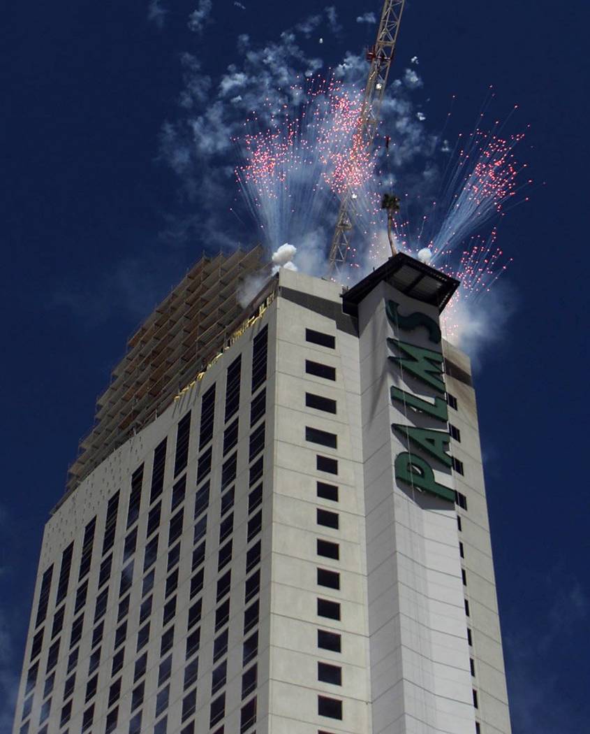 Fireworks blast off from the Palms Casino Hotel Las Vegas during its topping-off ceremony on Ju ...