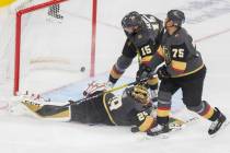 Vegas Golden Knights goaltender Marc-Andre Fleury (29), Vegas Golden Knights right wing Ryan Re ...