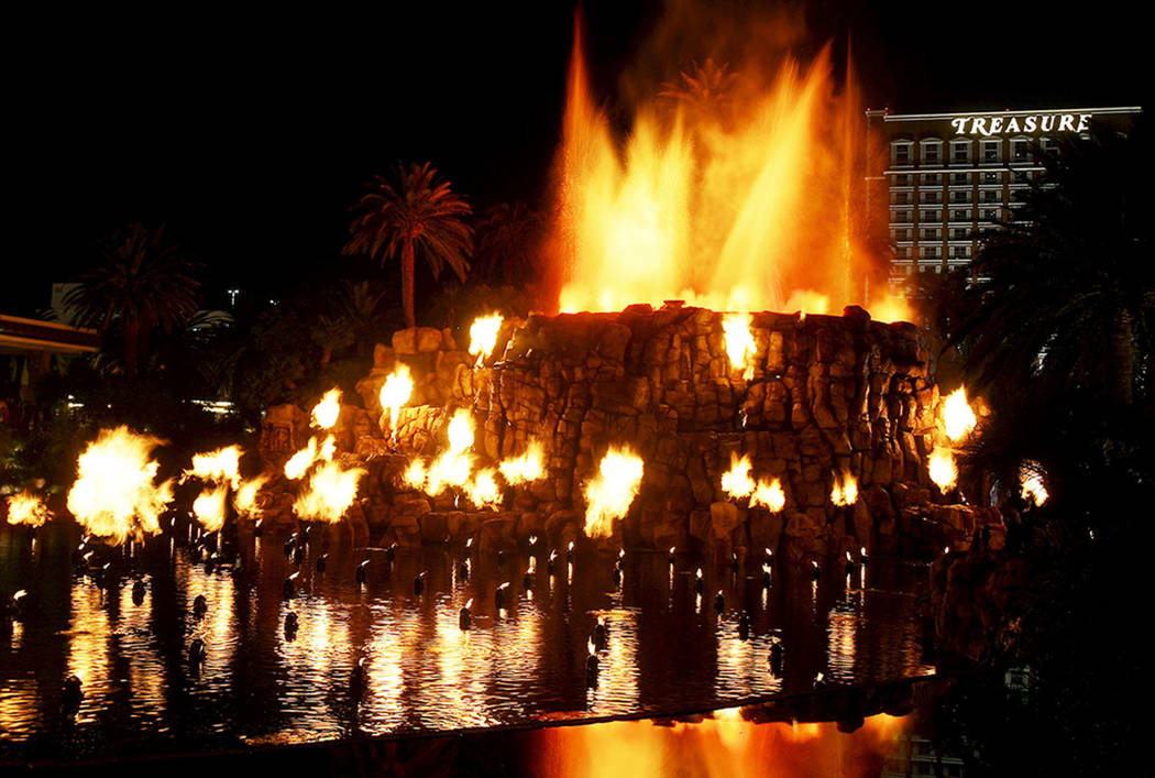 The newly upgraded Mirage hotel-casino volcano explodes with pyrotechnics during a debut unveil ...